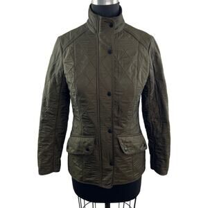 BARBOUR Cavalry Polarquilt Olive Green Jacket Quilted Snap Front Mock Neck Sz 4
